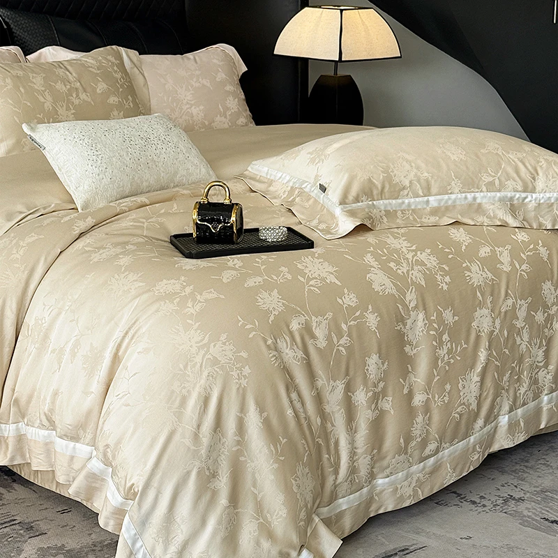 4Pcs Luxury Bedding Set Premium 1000TC Lyocell Cotton Jacquard Soft Silky Duvet Cover Set Flat/Fitted Bed Sheet Pillowcases