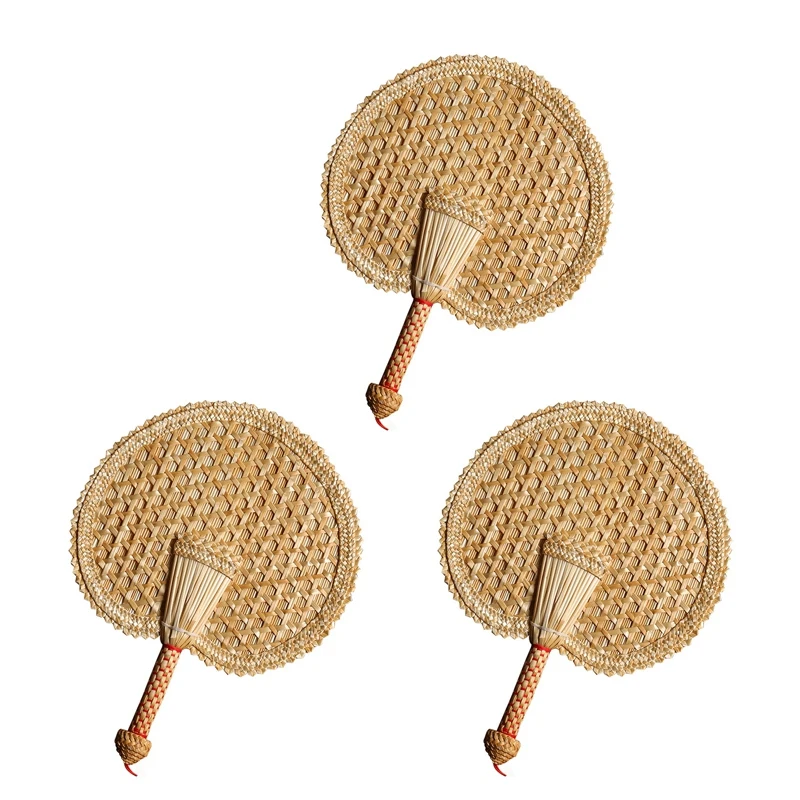 3X Hand-Woven Woven Straw Hand Fan Old Summer Natural Hand Fan Environmentally Friendly Hand-Woven Fan Round Fan