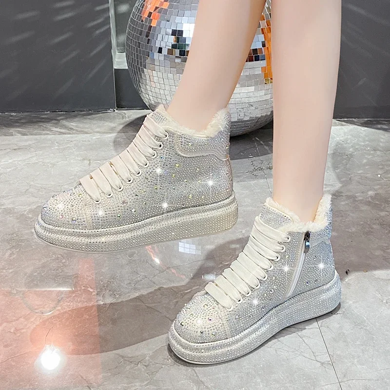 Rhinestone Covered High Top Sneakers Woman Winter Warm Plush Lined Casual Boots Ladies Luxury Brand Design Bling Rivet Shoes