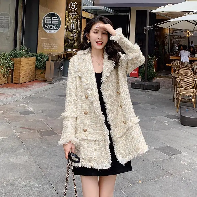 

Women Temperament Suit Jacket Autumn Korean Version of Xiaoxiang Style Tweed Mid-Length Outwear Female Tassel Loose Outcoat 2024