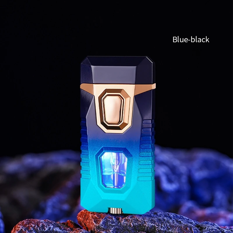 New Metal Windproof Double Jet Flame Butane Gas Lighter Transparent Oil Window LED Blue Light Originality Personalized Lighter