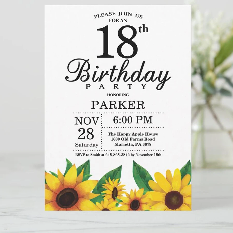 5/20/100pcs 18th birthday invitations, Watercolor Blue Floral birthday invitations 18, Sunflower Birthday Invitation