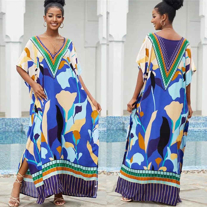 잉크 프린트 롱 비치 커버 업 카프탄 V넥 맥시 드레스, 오버사이즈 비키니 커버 업 로브, 플라지 사롱 비치 튜닉, 신제품