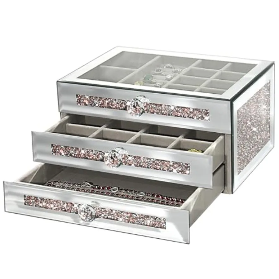 

Mirrored Jewelry Box for WomenGlass Lid Jewelry Organizer with 3 Drawers for Necklaces Rings Earrings Bracelets Pink Crushed Di
