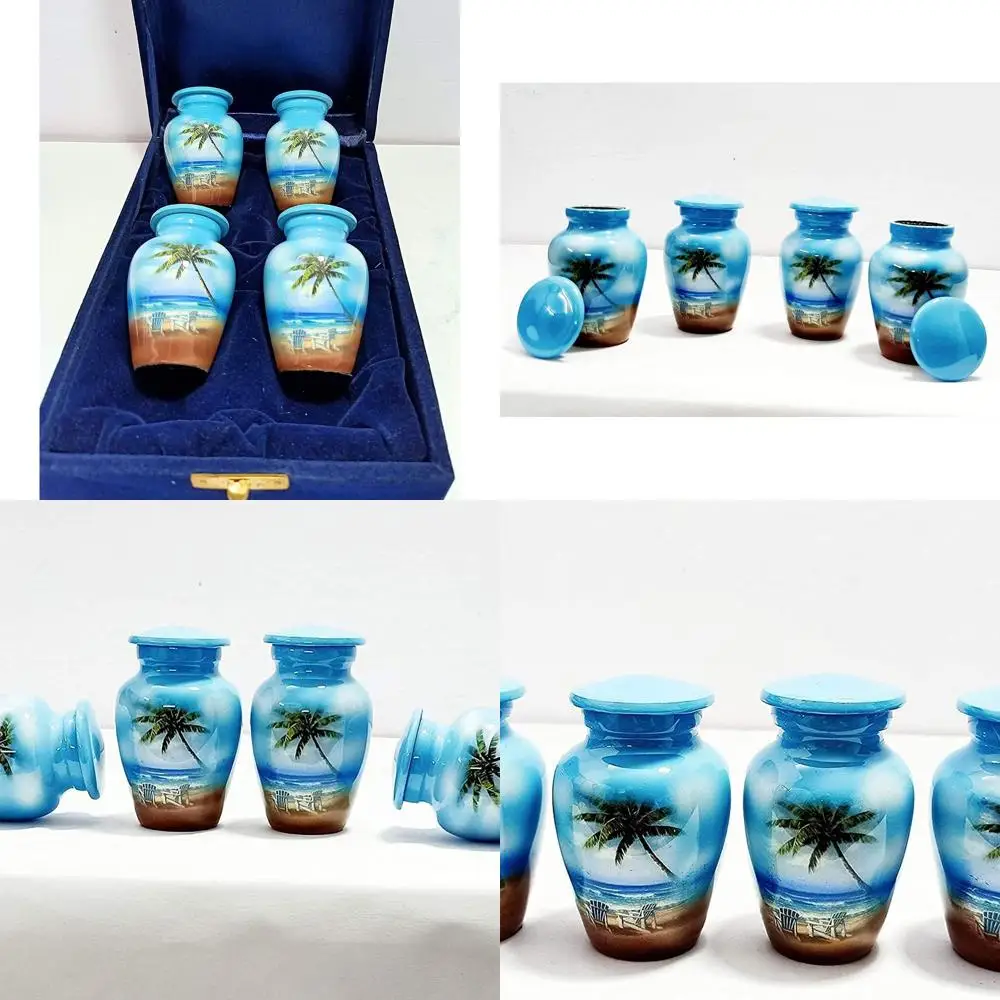 

Набор из 4 урн для кремации Mini Blue Beach-Themed с бархатной коробкой для праха человека (3 куб. в.)