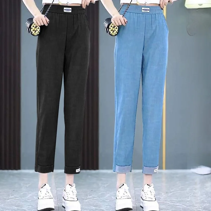 Pantalon d'été en Denim de soie glacée fine, taille haute, élastique, décontracté, Harlan, neuf Points, amincissant, polyvalent pour maman