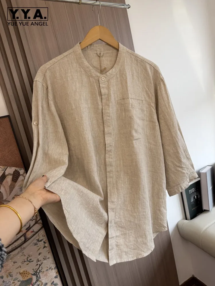 

Male Summer Loose Stand Collar Shirt Solid Color Single Breasted Men Breathable Thin Tops Casual Skinfriendly Comfortable Shirts