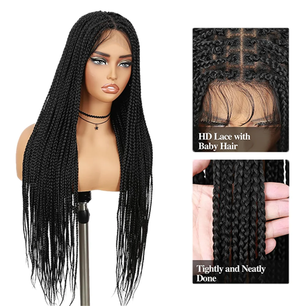 36inch Black Full Lace Box Braided Wigs For Black Women, Knotless, Synthetic Heat Resistant Twist Braided Lace Wigs