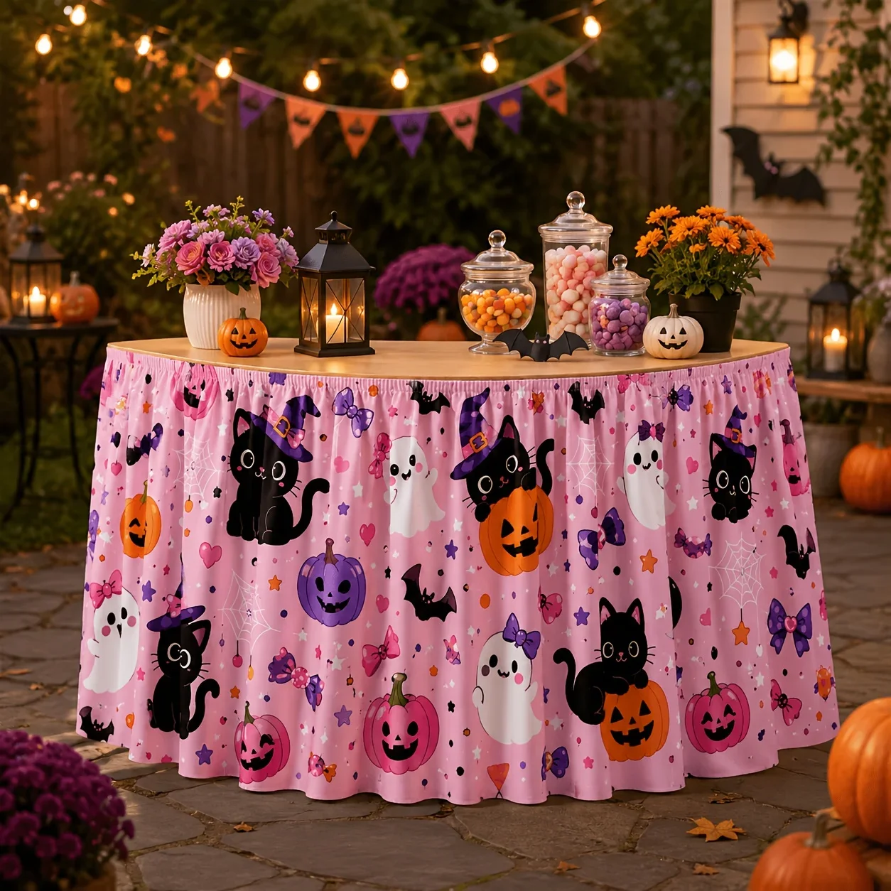 One table skirt. Cute pink Halloween table skirt pattern. Witch, black cat, pig head lamp.