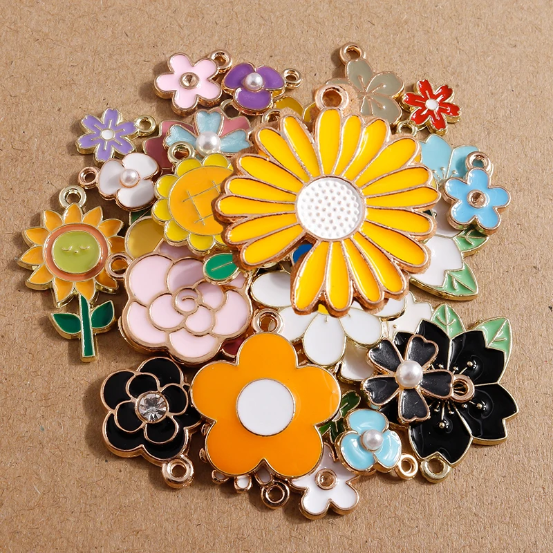 

10/15/20/30/50 Pcs Random Mix Enamel Plant Flower Charm for Jewelry Making Pendants DIY Earring Necklace Bracelet Accessories