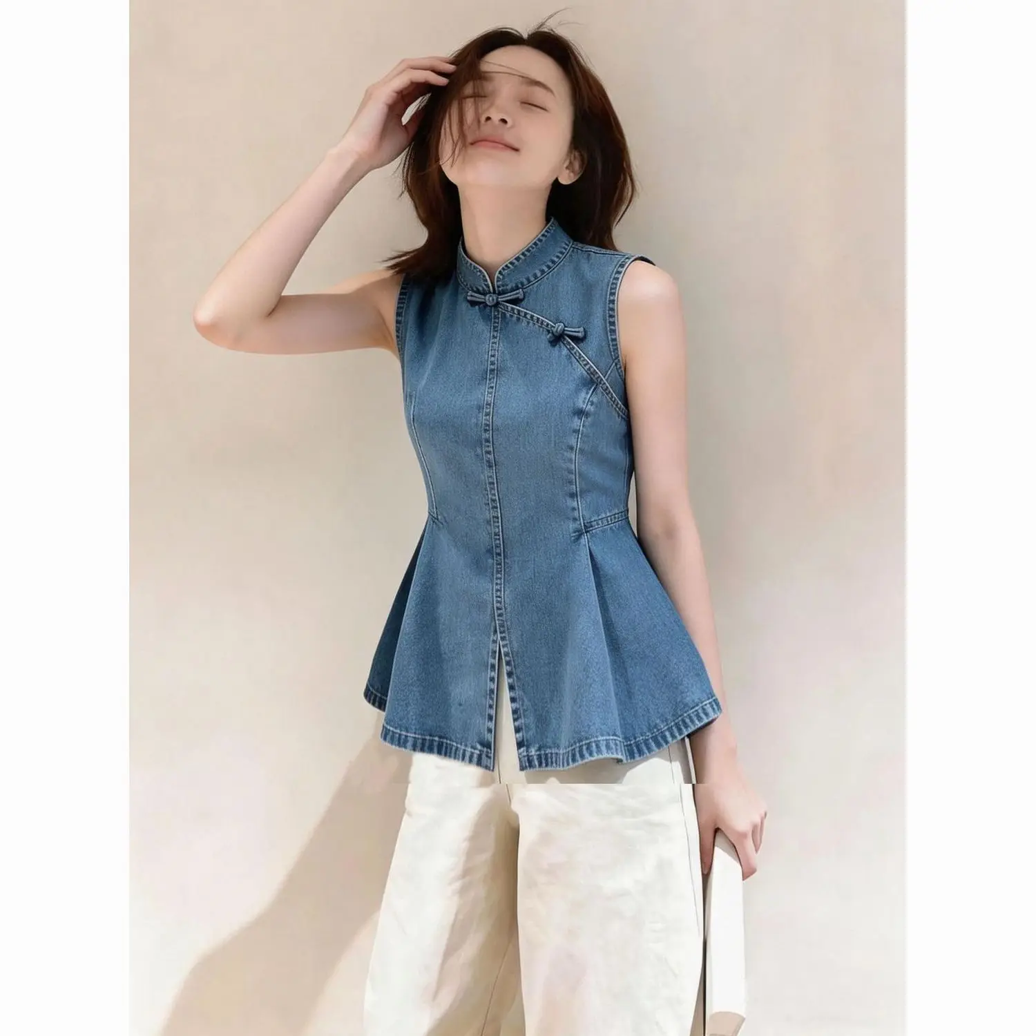 Blue New Chinese Style Sleeveless Top For Women In 2026 Summer Fashion, Unique And Gentle Design, Denim Shirt