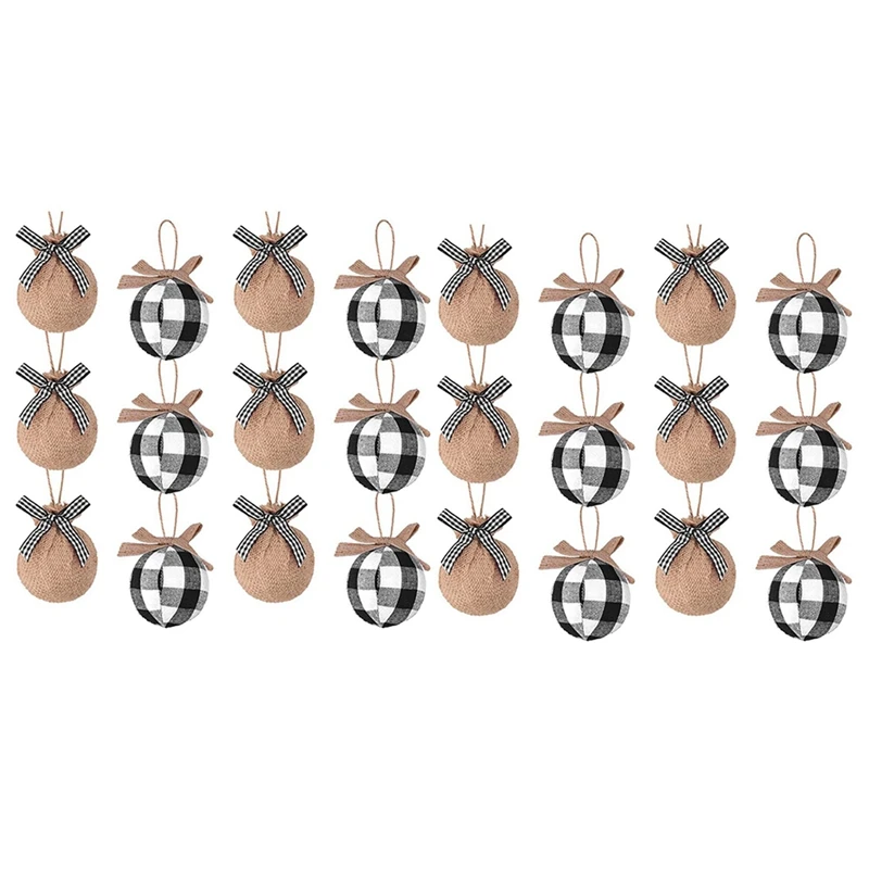 Christmas Tree Ornaments, 24 Pcs 2-1/2 Inches White Black Buffalo Check Plaid Stitching Burlap Christmas Decorations