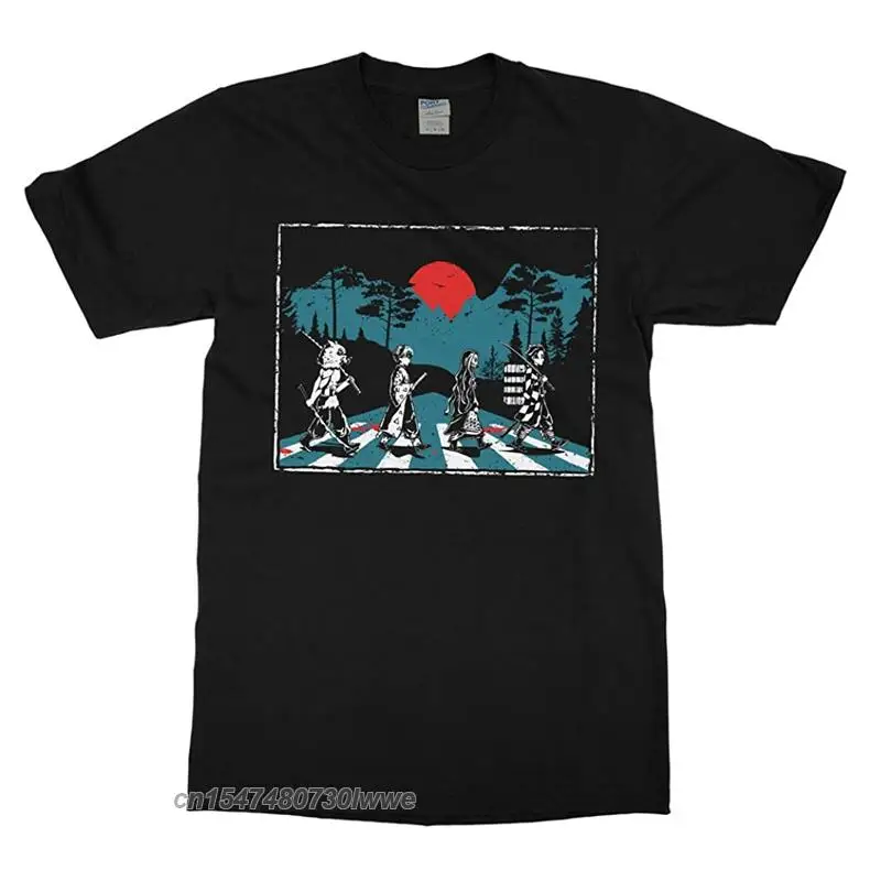 Demon Slayer Abbey Road Tanjiro Nezuko Zenitsu Inosuke T Shirt Fashion Creative Men's Loose Informal Cotton Round Neck T-Shirt