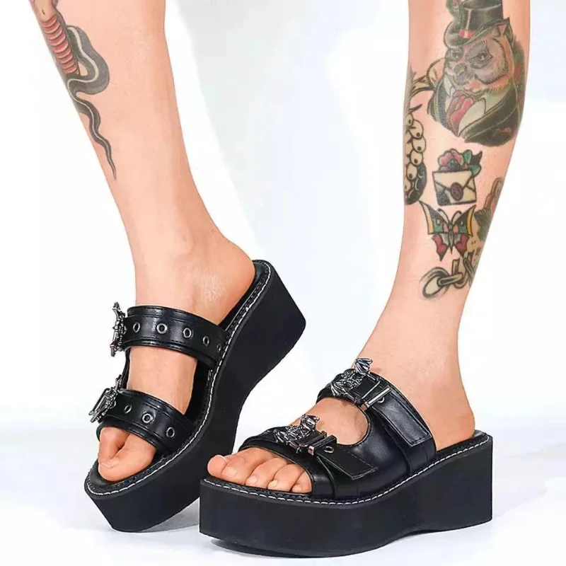 Goth Punk Large Thick Bottom Slippers Female Summer 2023 New Punk Bat Decorative Belt Buckle Slope Heel Sandals Female