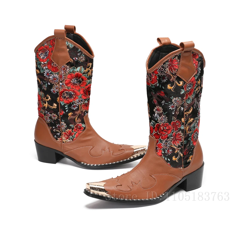 

Men New Embroidered Flower Cowboy Boots Luxury Metal Toe Rivets Slip On High Heels Winter Warm Motorcycle Mid Calf Boots