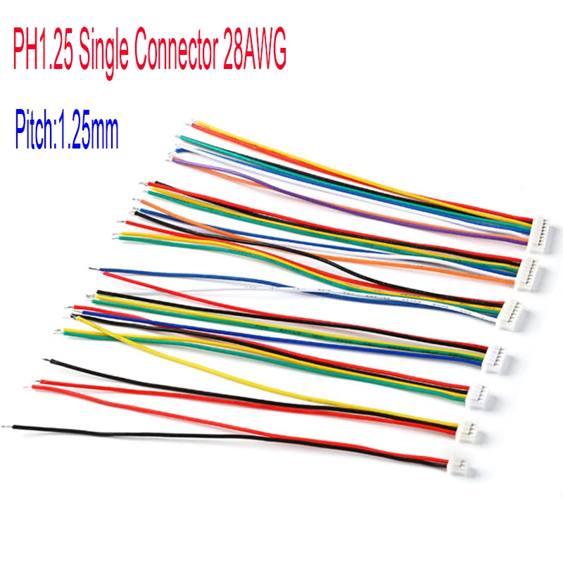 5PCS PH1.25 Wire Male PCB Connector 1.25mm JST 2/3/4/5/6/7/8/9/10 Pin Single Head Plug With 100mm Electronic Wire Connectors