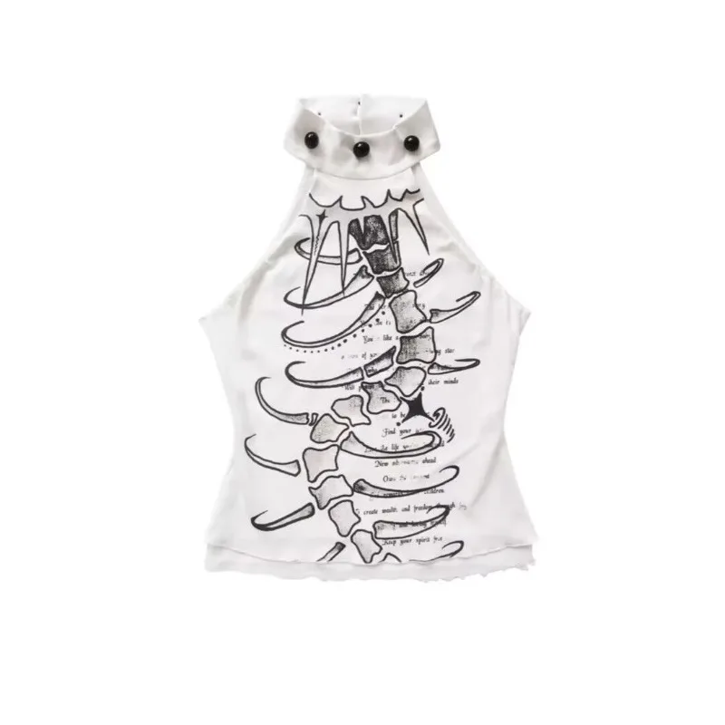 Summer New Crop Tops Korean Fashion Clothing Chic Design Printed Subculture Slim White Neck-mounted Tank Top for Outerwear Tees