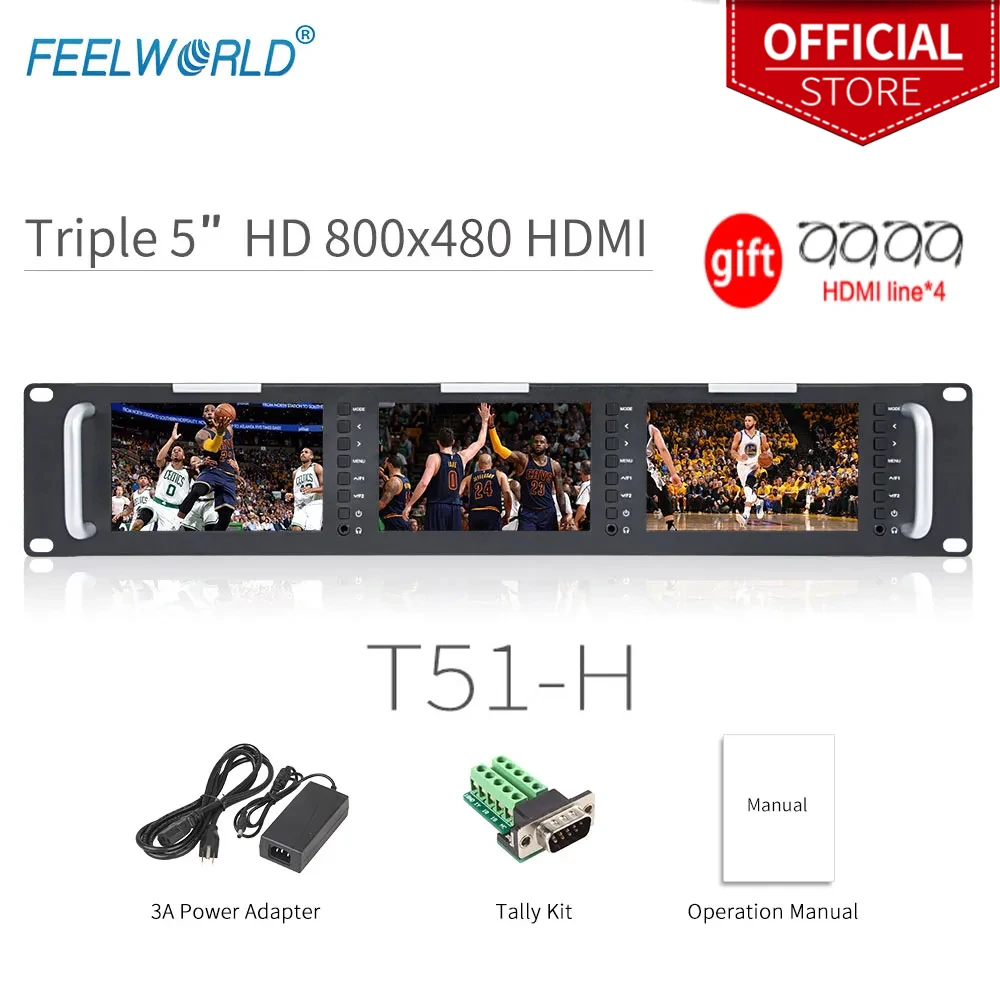 Feelworld T51-H Triple 5 inch 2RU Leightweight HDMI Broadcast Monitor LCD TFT 800x400 HDMI AV Rack Mount Monitor for Broadcastin