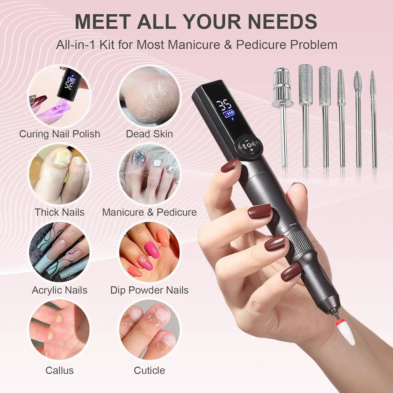 جهاز حفر الأظافر الكهربائي القابل لإعادة الشحن، 2 في 1 مع مصباح الأشعة فوق البنفسجية، 35000 دورة في الدقيقة، آلة تلميع الأظافر المحمولة اللاسلكية
