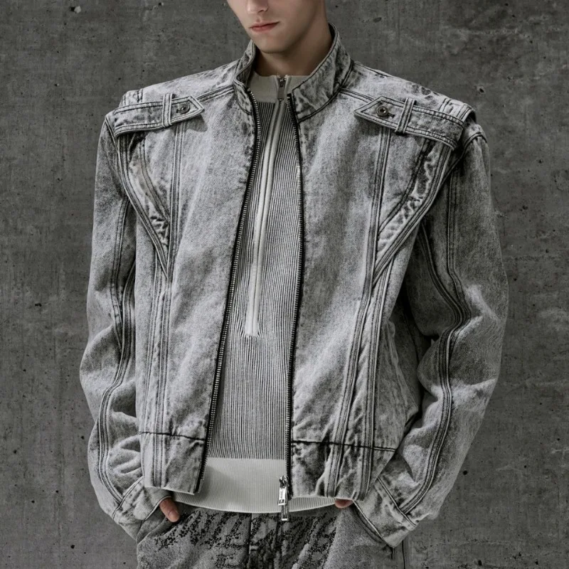 

American Retro Vintage Washed Denim Jacket Men Wide Shoulders Firm Hard Short Spliced Jean Coats High Street Trendy Cool Outwear