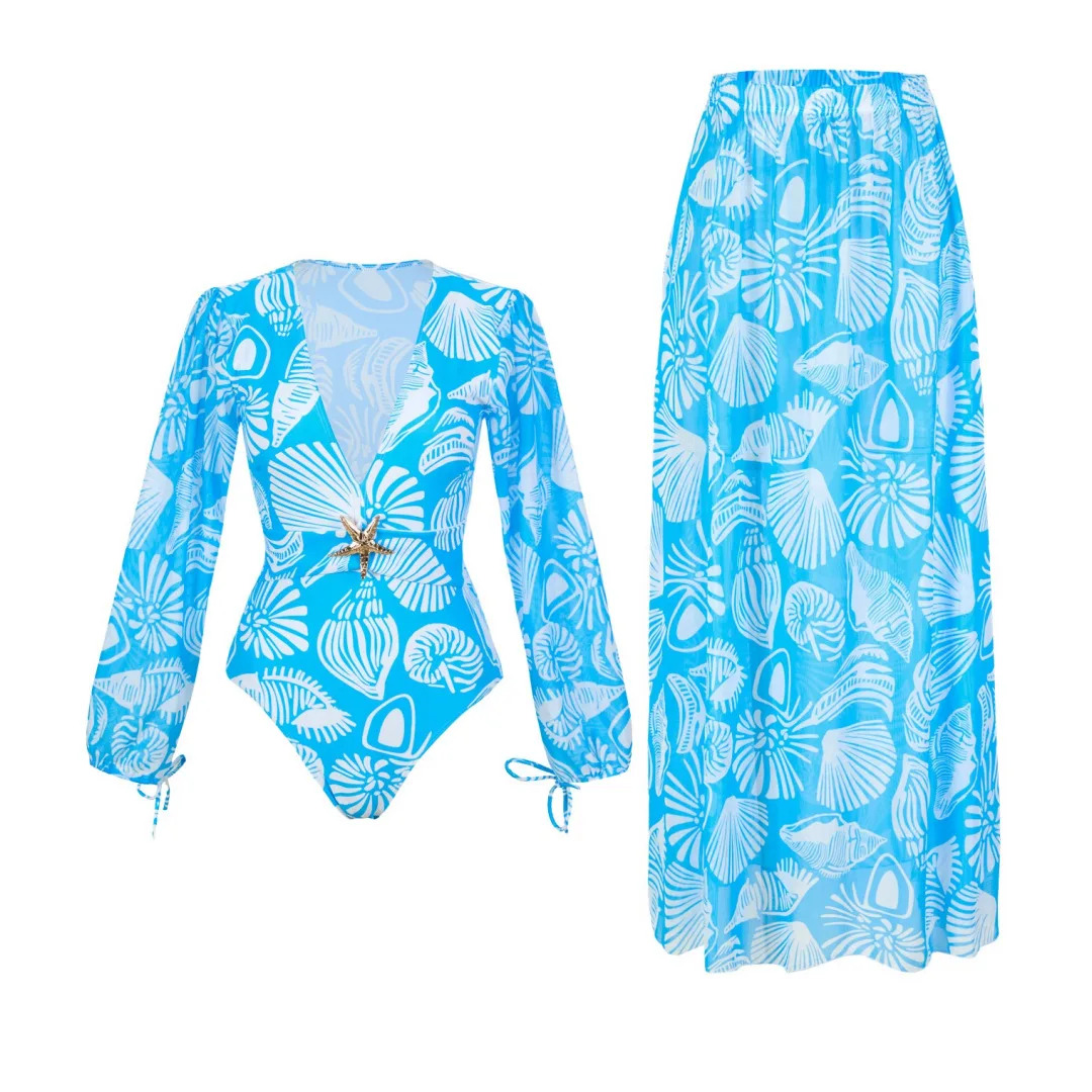 French-Style Swimsuit Wrap Dress Tea-Length Slimming Floral Print One-Piece Long Dress for Seaside Vacation Body-Hugging Summer