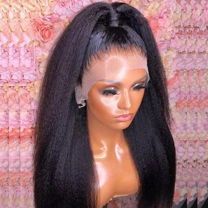 Yaki-Kinky Straight Lace Front Wig para mulheres, peruca preta macia Kinky, cabelo do bebê, resistente ao calor, pré-arrancadas peruca diária, 26 ", 180 Densidade