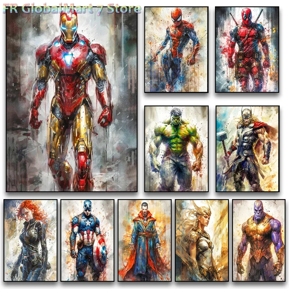 2027Marvel Movie Art Poster Spider Man Iron Man Deadpool Diamond Painting Classic Anime Character Mural Home Wall Decoration G