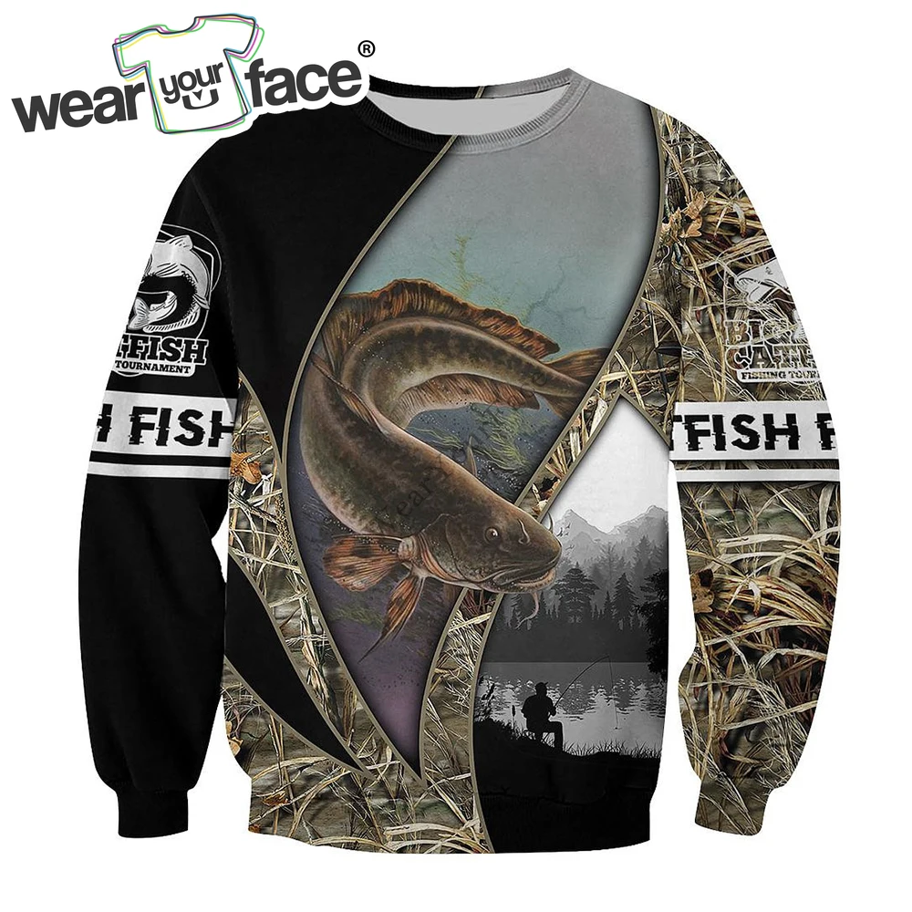 

Catfish Fishing Sweatshirt 3D All Over Printed Crewneck Outdoor Sports Hip Hop Casual Streetwear Vacation Men Unisex Clothing