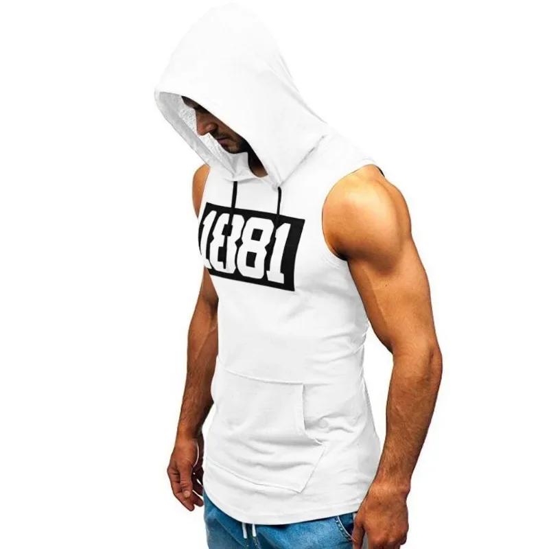 Men\'s Hooded Tank Tops Gym Workout Training Hoodies Sleeveless Bodybuildng Muscle Cut Off T-Shirt with Pocket