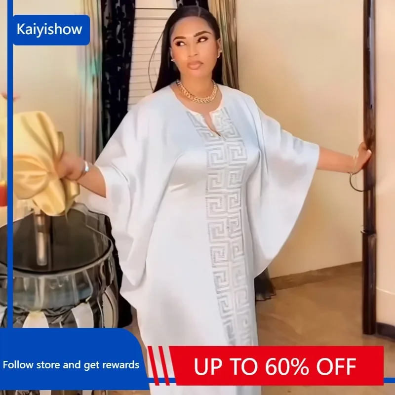 Boubou Robe Africain Femme Outfits 2023 High Quality Dashiki White Diamonds Long Bat Sleeve O-neck Maxi Robe Dresses For Women