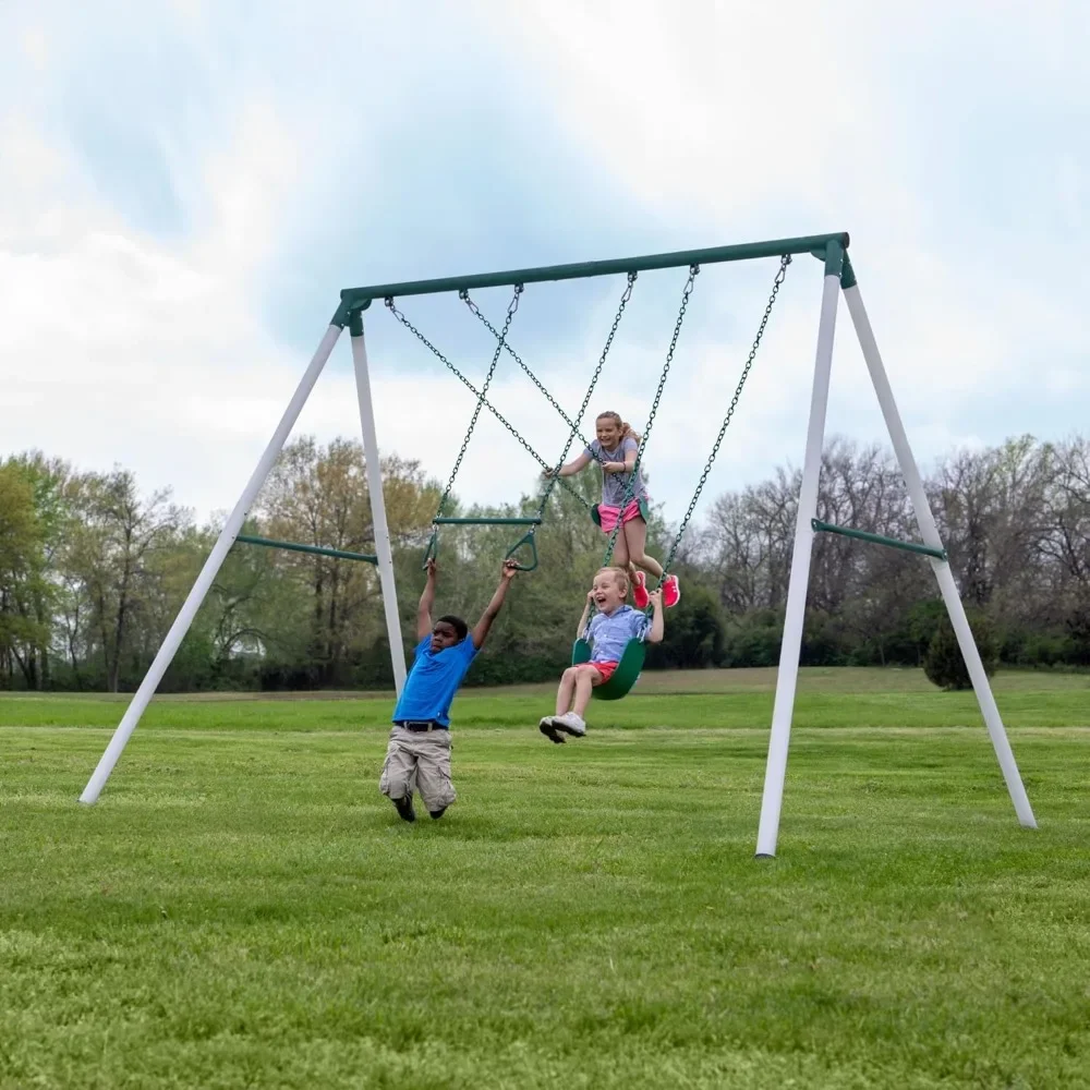 Heavy Duty 10 Ft Tall Metal Swing Set with 2 Belt Swings & Trapeze Bar - Durable Powder Coated Steel Construction