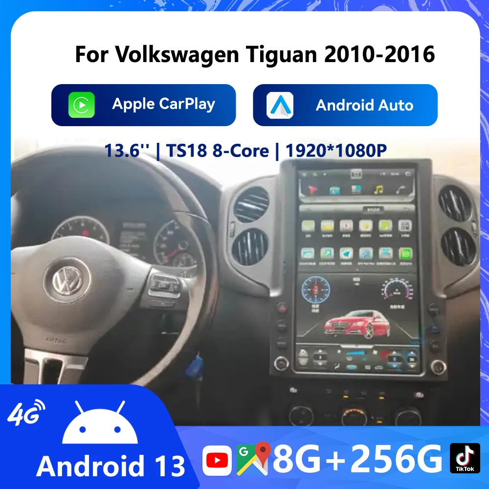 

13,6-дюймовый автомобильный радиоприемник для Volkswagen Tiguan 2010-2016, сенсорный экран, Android 13, мультимедийный плеер CarPlay, GPS-навигация, DSP BT 4G