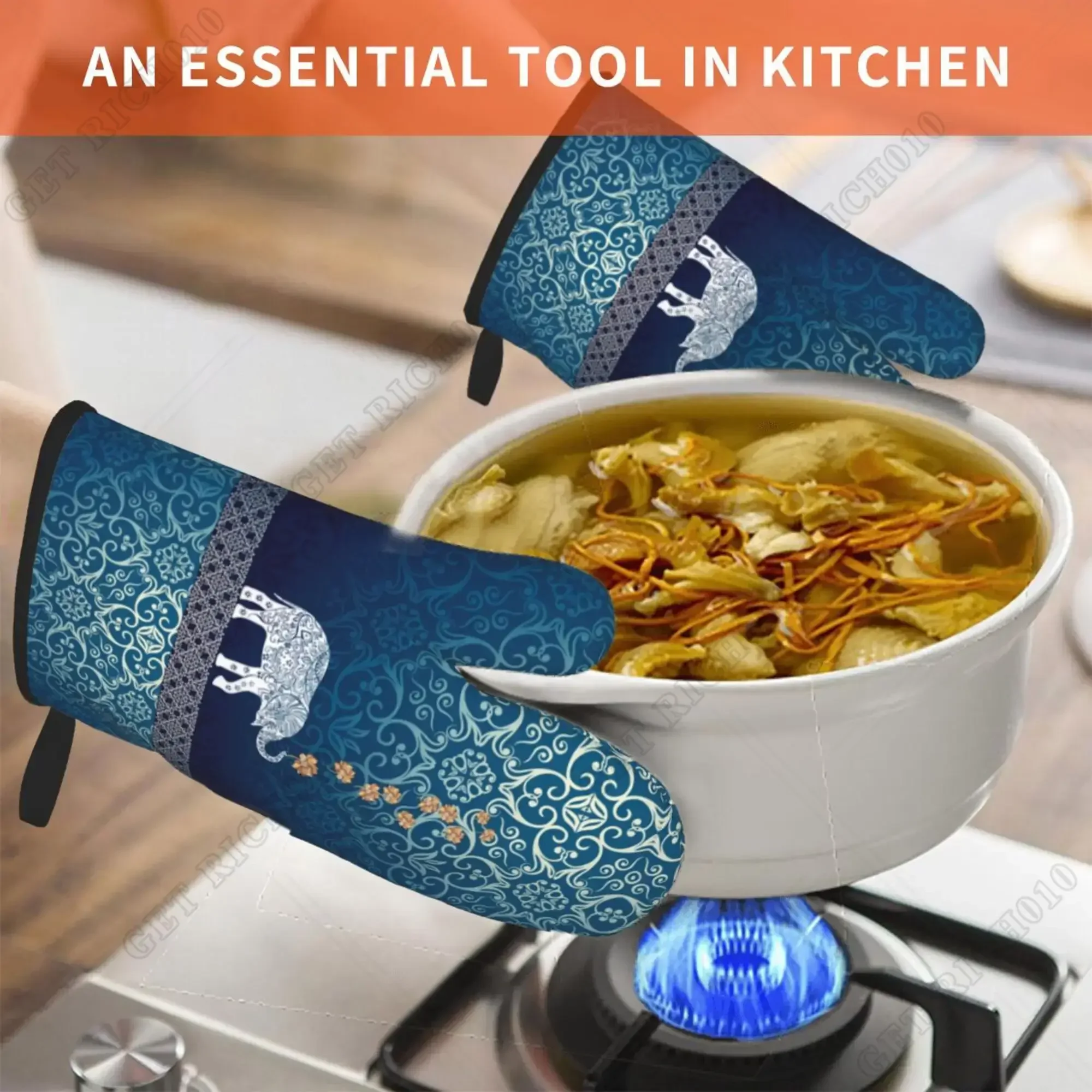 الأزرق الفيل تصميم المرأة بوهو قفازات الفرن 2 قطعة قفازات الميكروويف قفازات الفرن مقاومة للحرارة قفازات الفرن للمطبخ شواء