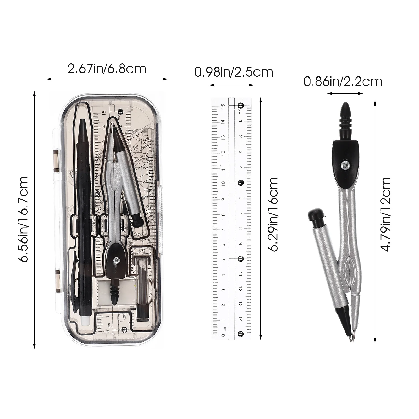 Règle de boussole, outils de mesure, boîte à outils de dessin, rapporteur en plastique transparent, règle triangulaire, Kit de papeterie scolaire et mathématique, 1 ensemble