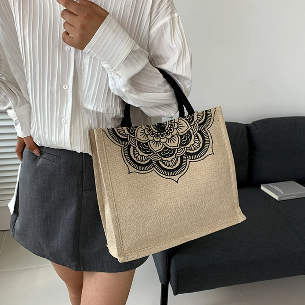 Women Vintage Linen Tote Bag Reusable Large Designer Handle Bags Summer Beach Casual Travel Shopping Bag Female Handbags