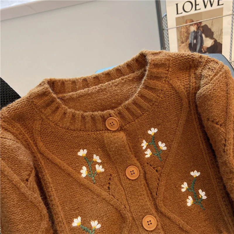 Floral Embroidery Jacquard Loose Long Sleeve Knitted Sweater Vintage New Autumn Outwear Blusas Cardigan Women Casual Female Y2k