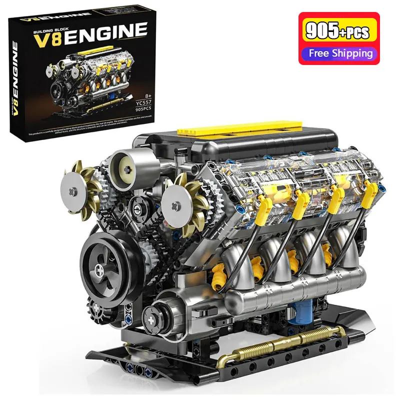 

Конструктор YC557, 905 деталей, модель двигателя V8, механические блоки для сборки, креативный MOC, настольное украшение, развивающая игрушка