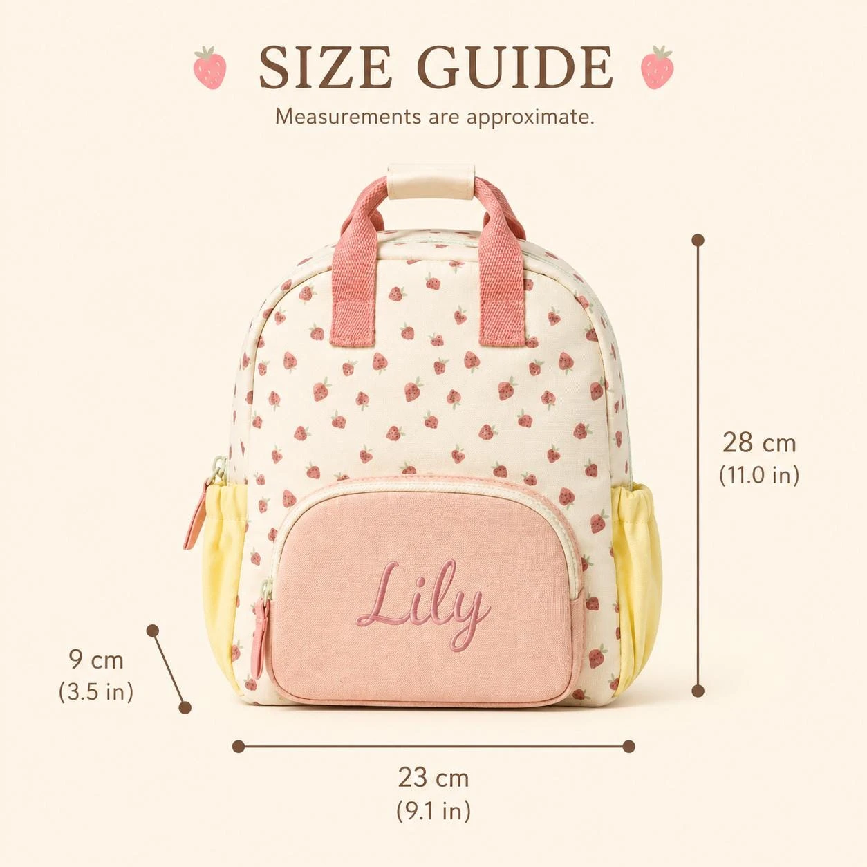 Personalisierte, modische, süße Erdbeer-Rucksacktasche aus Canvas mit besticktem Namen für Kleinkinder, personalisiertes Geschenk für Mädchen zum Schulbeginn – Detail 2