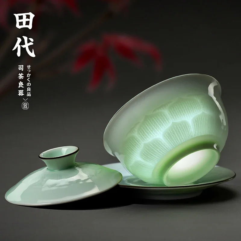 180ML celadon cover bowl, Chinese style pure hand-carved Kung Fu tea set, tea bowl, hand-held tea bowl 2