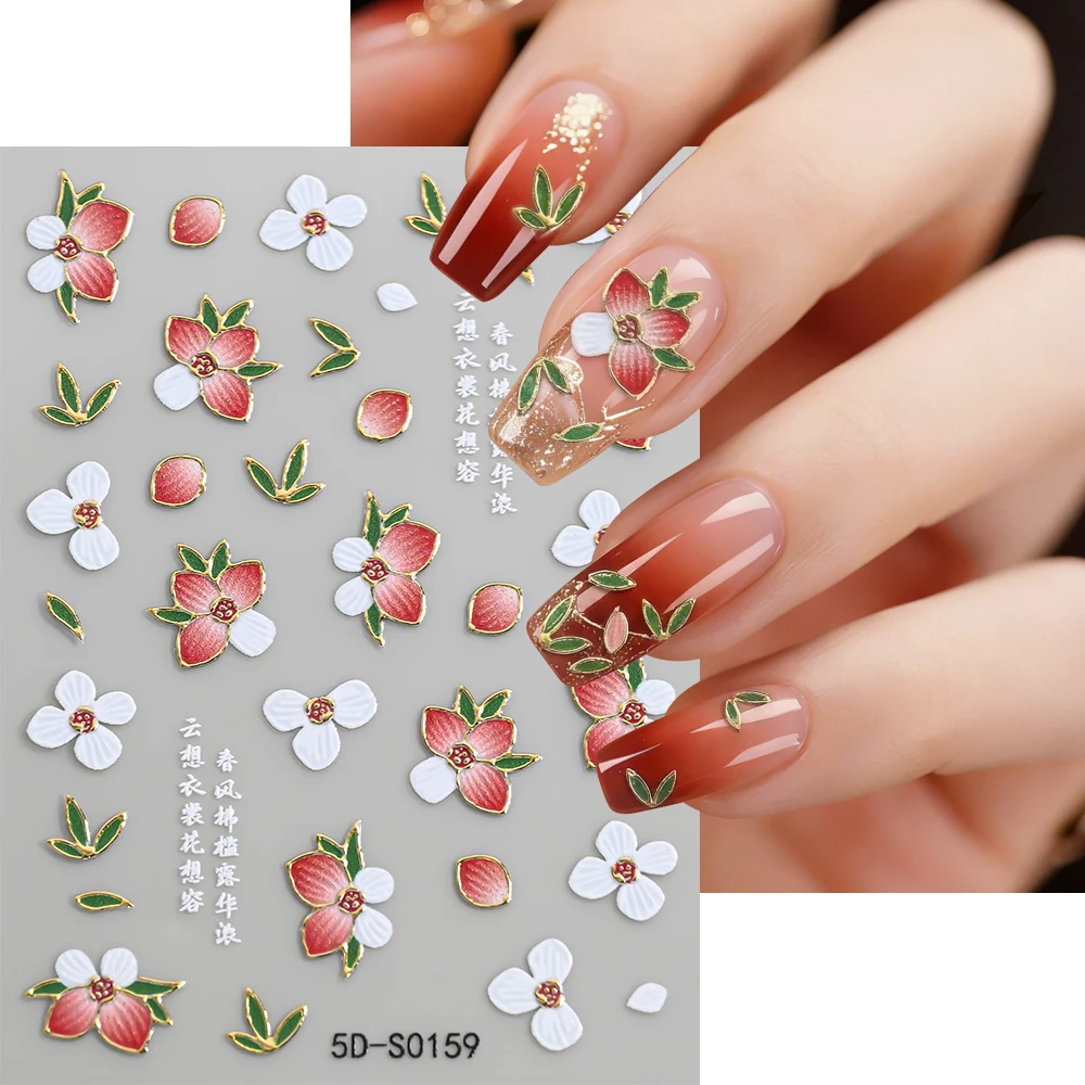 1Pcs 5D Red White Blocking Peach Blossom Nail Stickers Bronzing Flower Self-Adhesive Nails Art Decals for Chinese Style Manicure