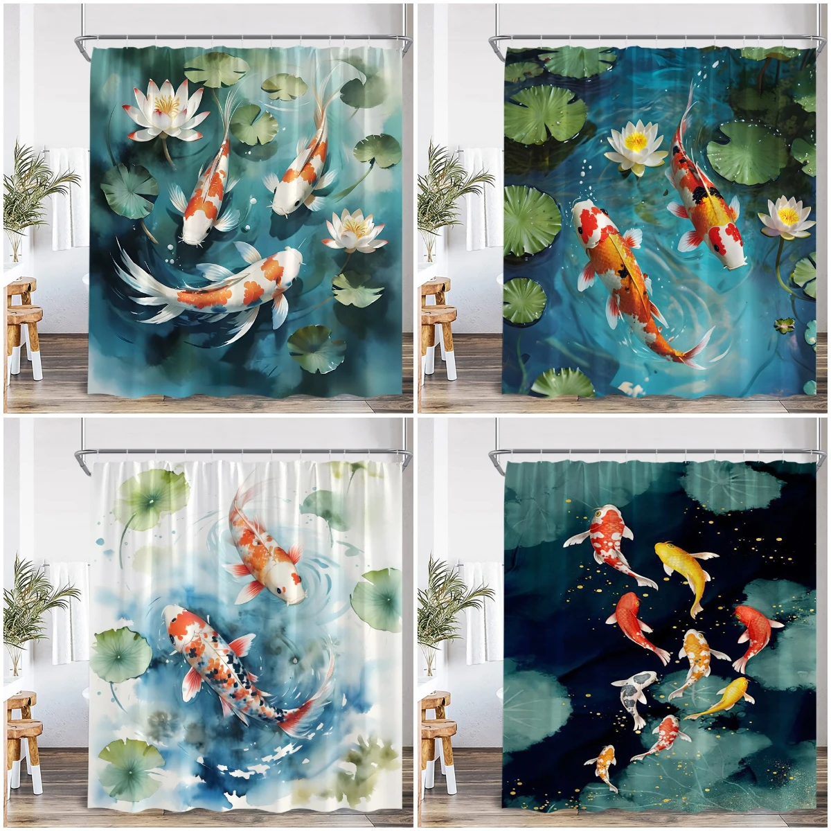 Koi Fish Oriental Watercolor Shower Curtain Asian Japanese Style Lotus Carp in Pond Ink Painting Bathtub Curtain Decor with Hook