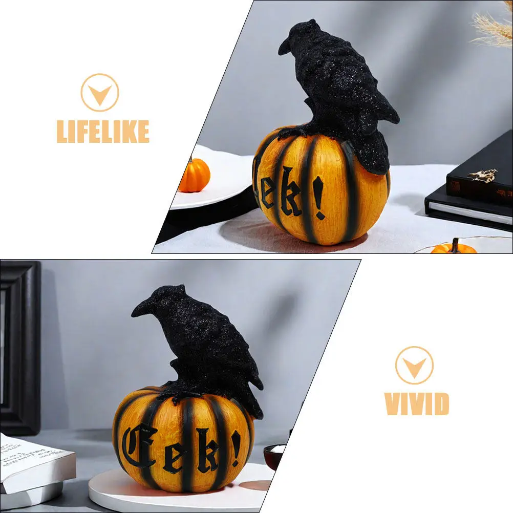 Pumpkin Crow Statue Halloween Resin Sculpture Garden Outdoor Indoor Decoration Hand Carved Detailed Craft Festive Desktop Shelf