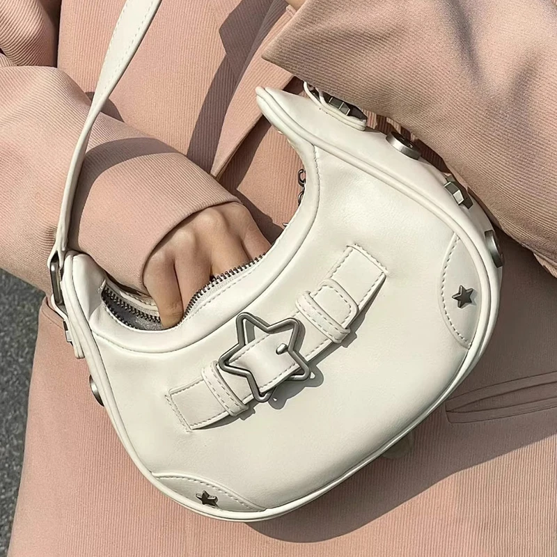 Vintage Lässige Niedliche Weiße Stern-Schultertasche Damen Umhängetaschen Leder-Reißverschlusstaschen Handtaschen für Frauen – Detail 8