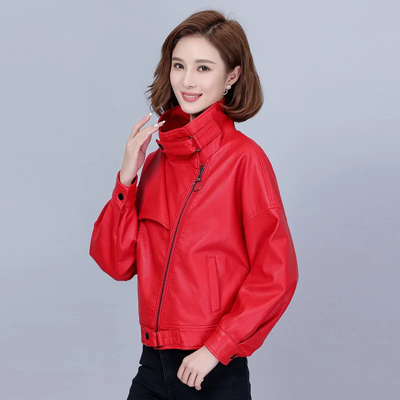 2023 Spring New Women Autumn Winter Faux Leather Jacket Oversized Korean Female Slim Loose Stand Collar Coat Girl Outerwear