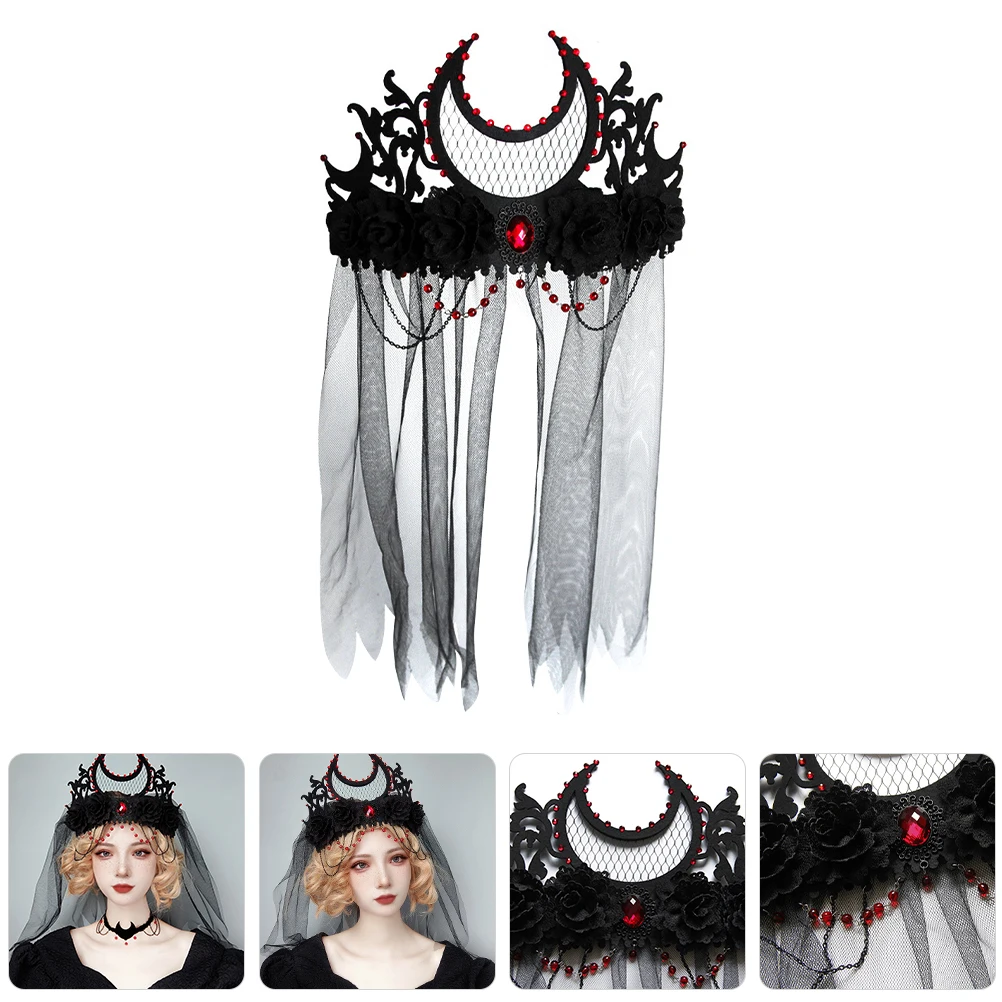 Gothic Crown Headwear with Black Veil for Halloween Costume Party Witch Masquerade Accessory Women Cosplay Stage Performance