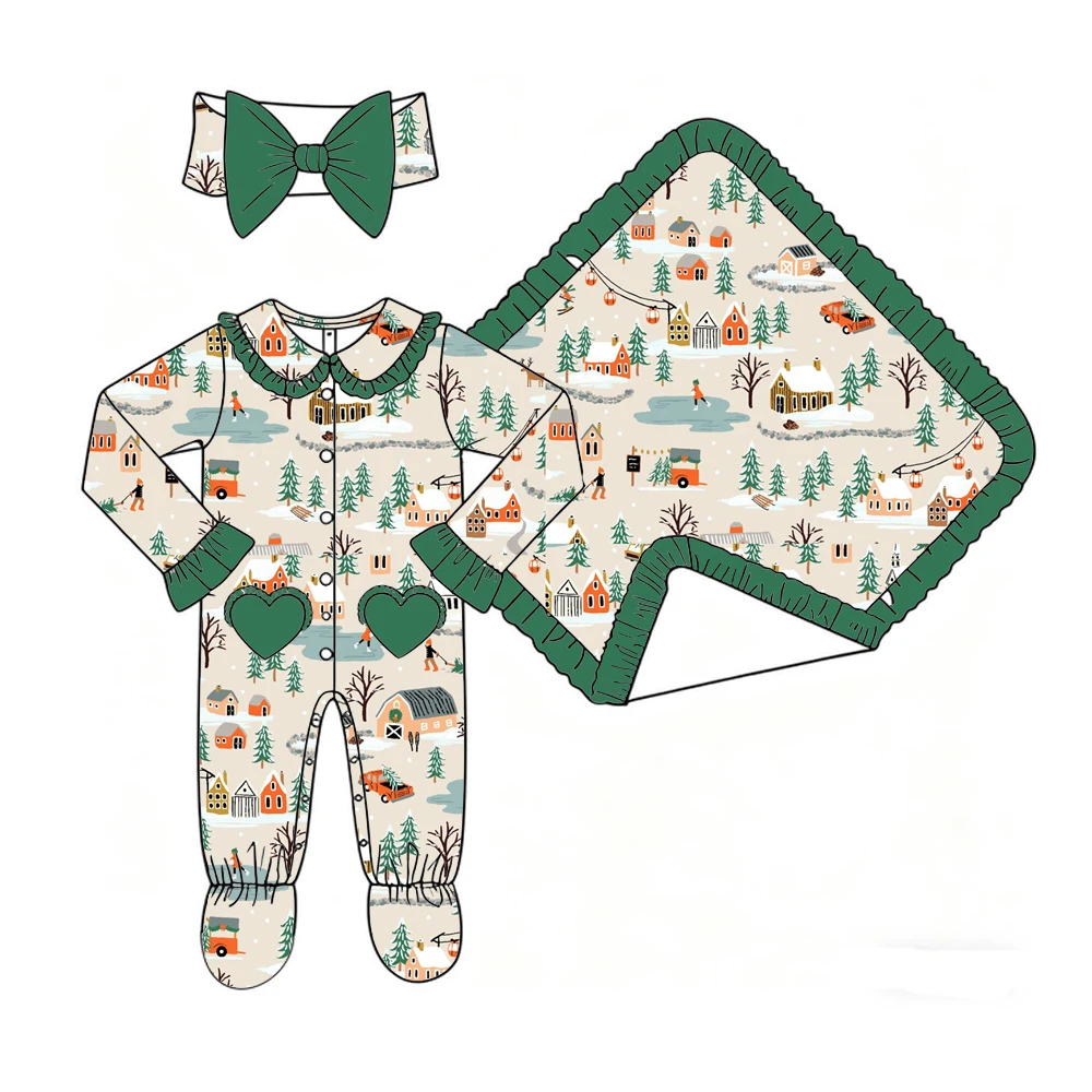 Boutique Girls' Blanket and Romper Lapel Ruffle Buttons Love Pocket Binding Feet Christmas Collection Print Custom Patterns