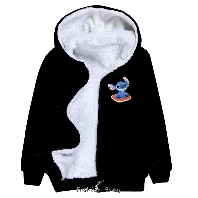 Disney Stitch New Children Coat Baby Hoodies Collar Thicken Warm Jacket Girls Cartoon Overcoat Winter Kids Girls Casual Outwear