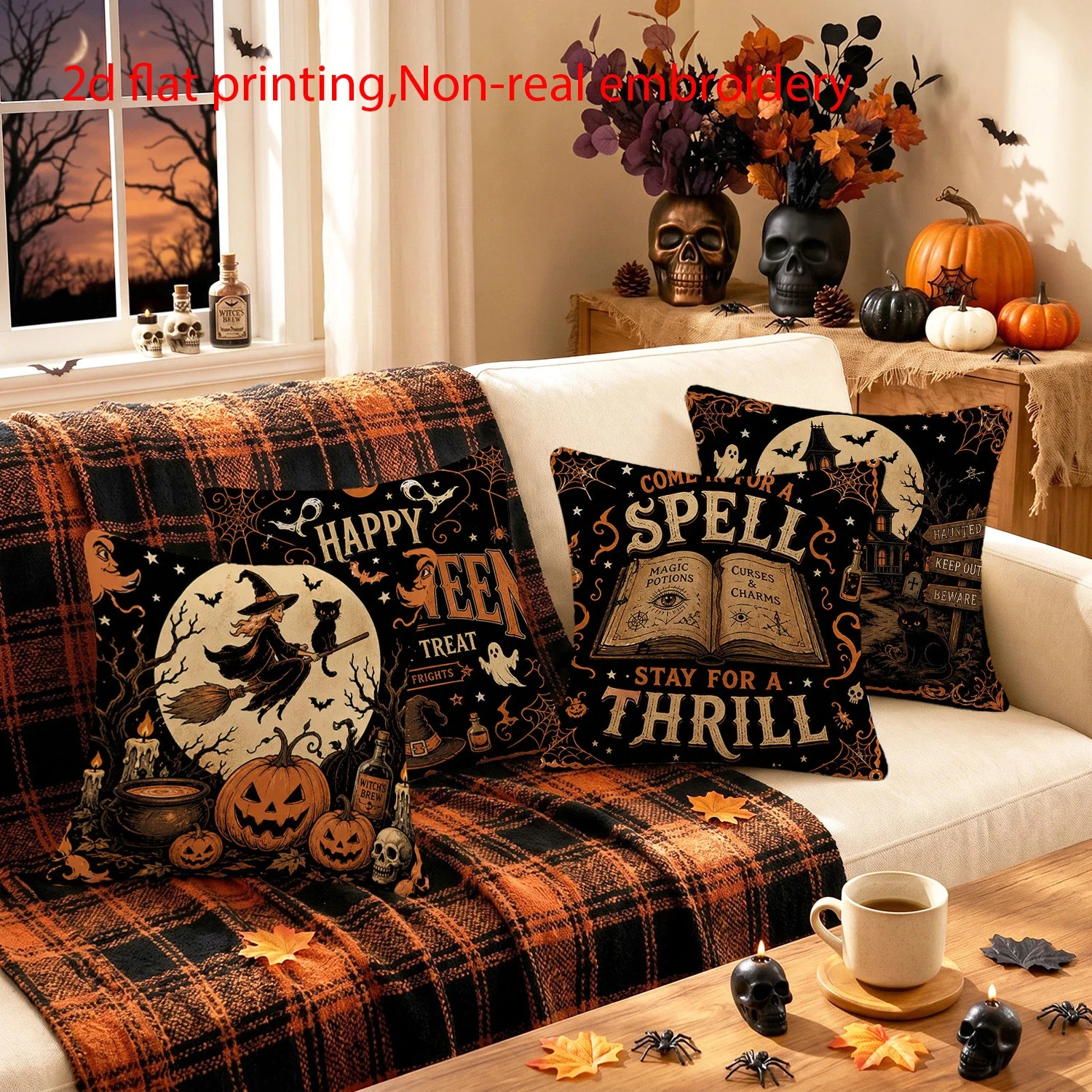 Retro Vintage Halloween Throw Pillow Covers Set of 4, Spooky Pumpkin Ghost Bat Cushion Case for Sofa Couch Gothic Home Decor