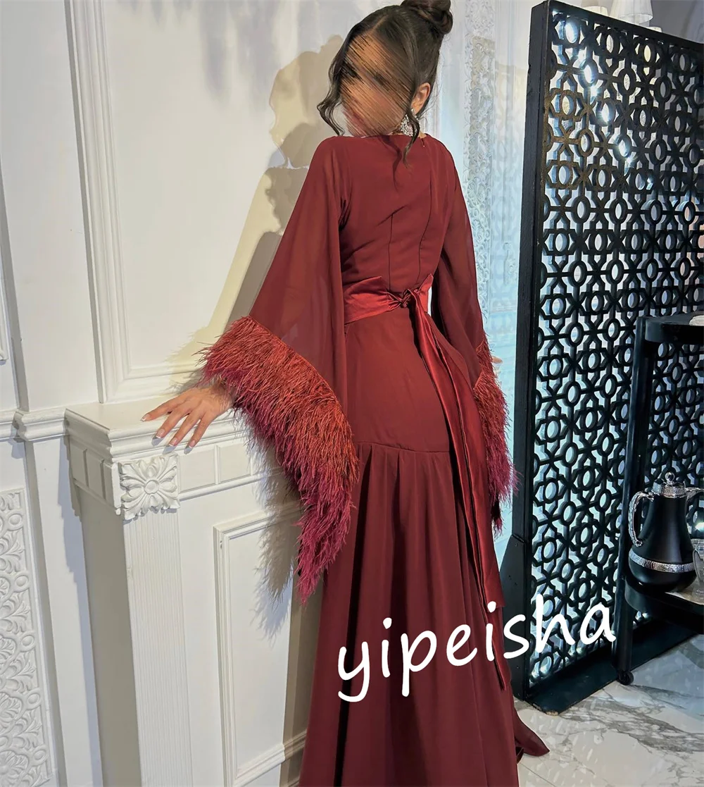 Customized Jersey Draped Feather Graduation A-line V-neck Bespoke Occasion Gown Long Es