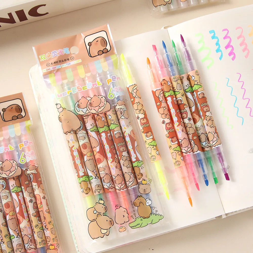 

72 pcs(12 Sets) Kapibara Double Head Highlighter,Cartoon Colored Pens Handbook Student Learning Markers Learning Stationery